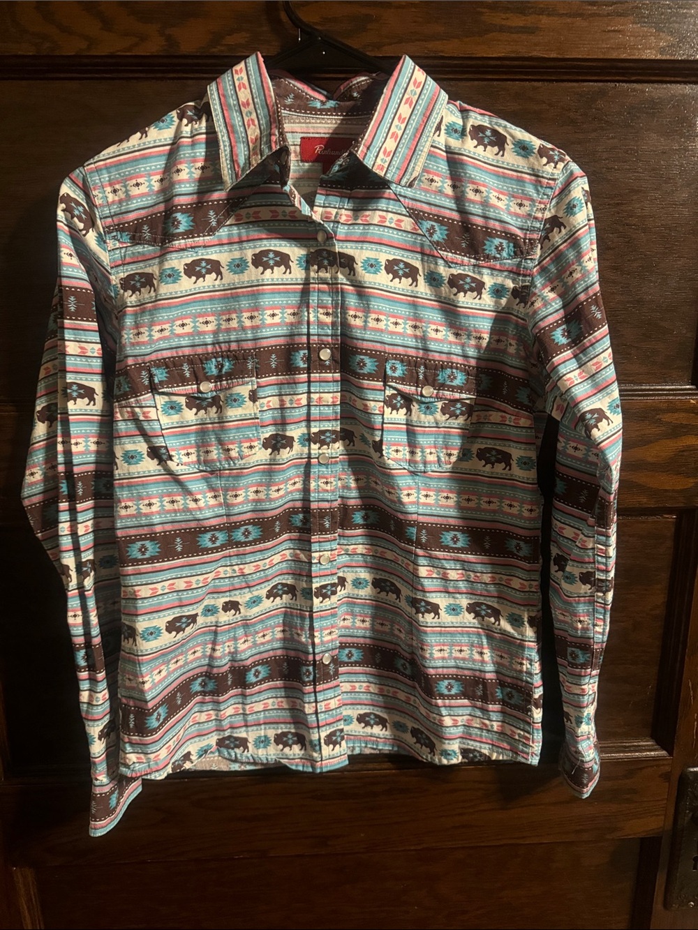Women's Button-Down Western Shirt - Brown & Turquoise Pattern